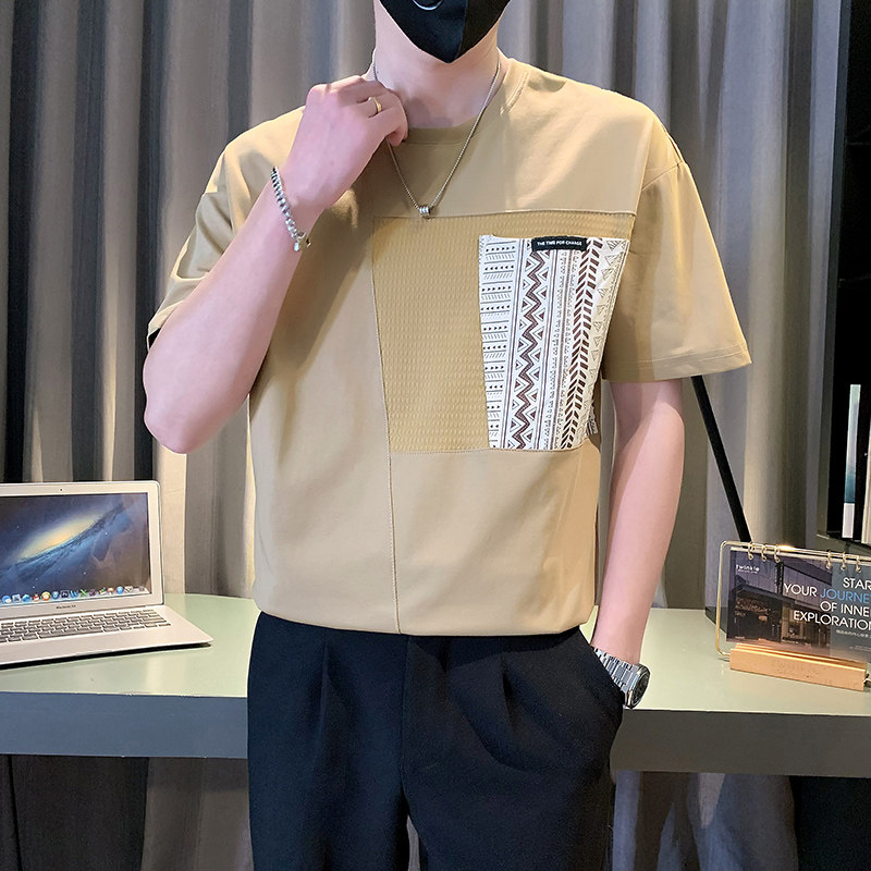 高级感拼接T恤男短袖夏季潮流半袖2024新款男装上衣TX08-P48,男装T恤,电商D323（原B261）