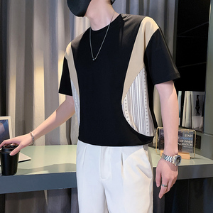 高级感拼接短袖男夏季潮牌痞帅体恤衣服2024新款半袖上衣TX16-P48图片