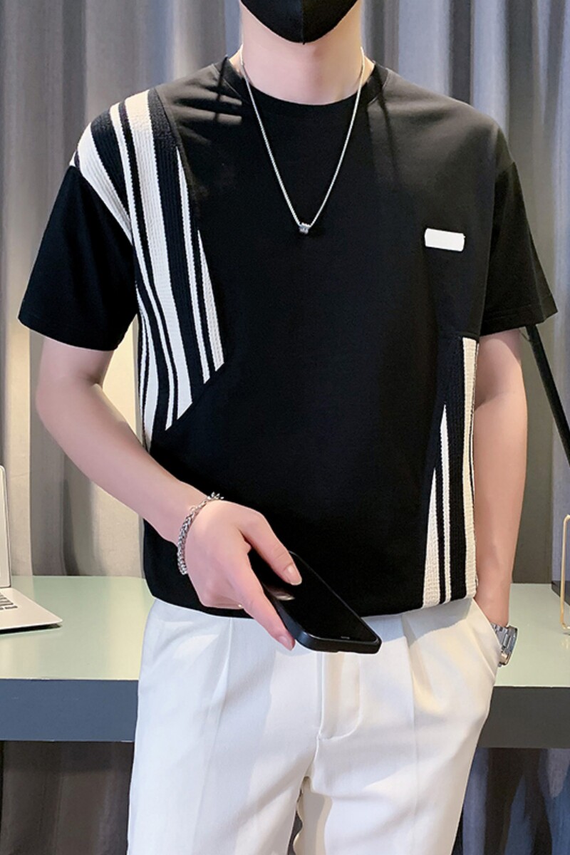 高级感撞色拼接条纹短袖T恤男2024夏季新款圆领宽松上衣TX11-P48,男装T恤,电商D323（原B261）