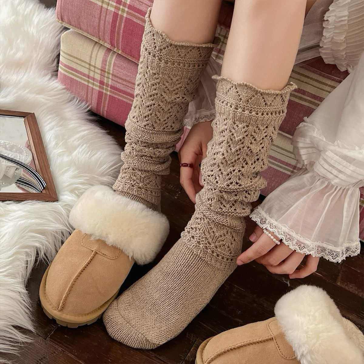 小腿袜女秋冬加厚保暖堆堆袜及膝日系复古粗针镂空长筒袜配勃肯鞋,女士内衣/男士内衣/家居服,长筒袜,淘宝优惠券,粉丝福利购,淘宝优惠卷