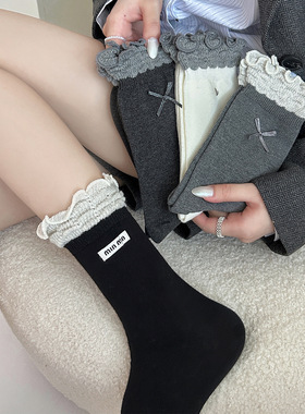 白色袜子女秋冬新疆中筒袜min布标蝴蝶结堆堆袜日系JK洛丽塔长袜