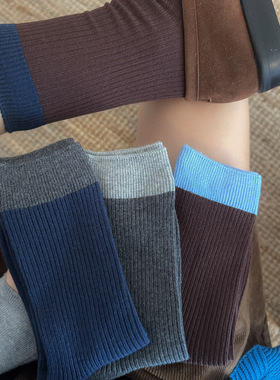 灰色袜子女春秋季新疆棉拼色中筒袜无骨双针堆堆袜鲨鱼裤长袜外穿