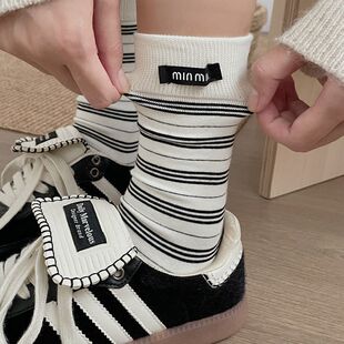 袜子女秋冬纯棉条纹中筒袜无骨撞色布标堆堆袜min韩版学院风长袜