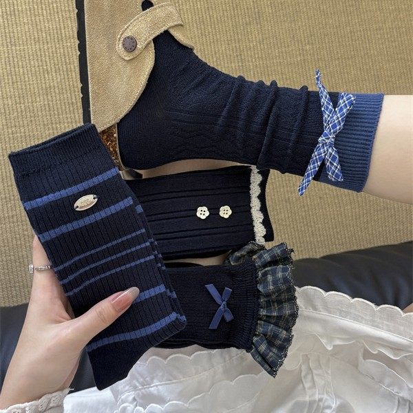 藏青色袜子女春秋棉蝴蝶结堆堆袜格子花边中筒袜日系扣子饰品长袜