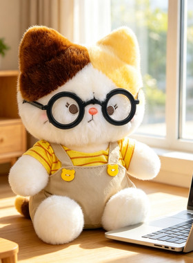 可爱三花猫咪公仔毛绒玩具戴眼镜情侣玩偶少女心床上抱枕生日礼物