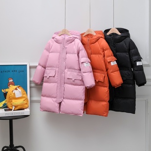 2023新款保暖女童羽绒防风袖口儿童白鸭绒中长款连帽外套冬季