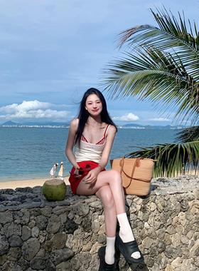 美式复古红色刺绣短款半身裙安全裤裤性感显瘦气质辣妹度假包臀裙