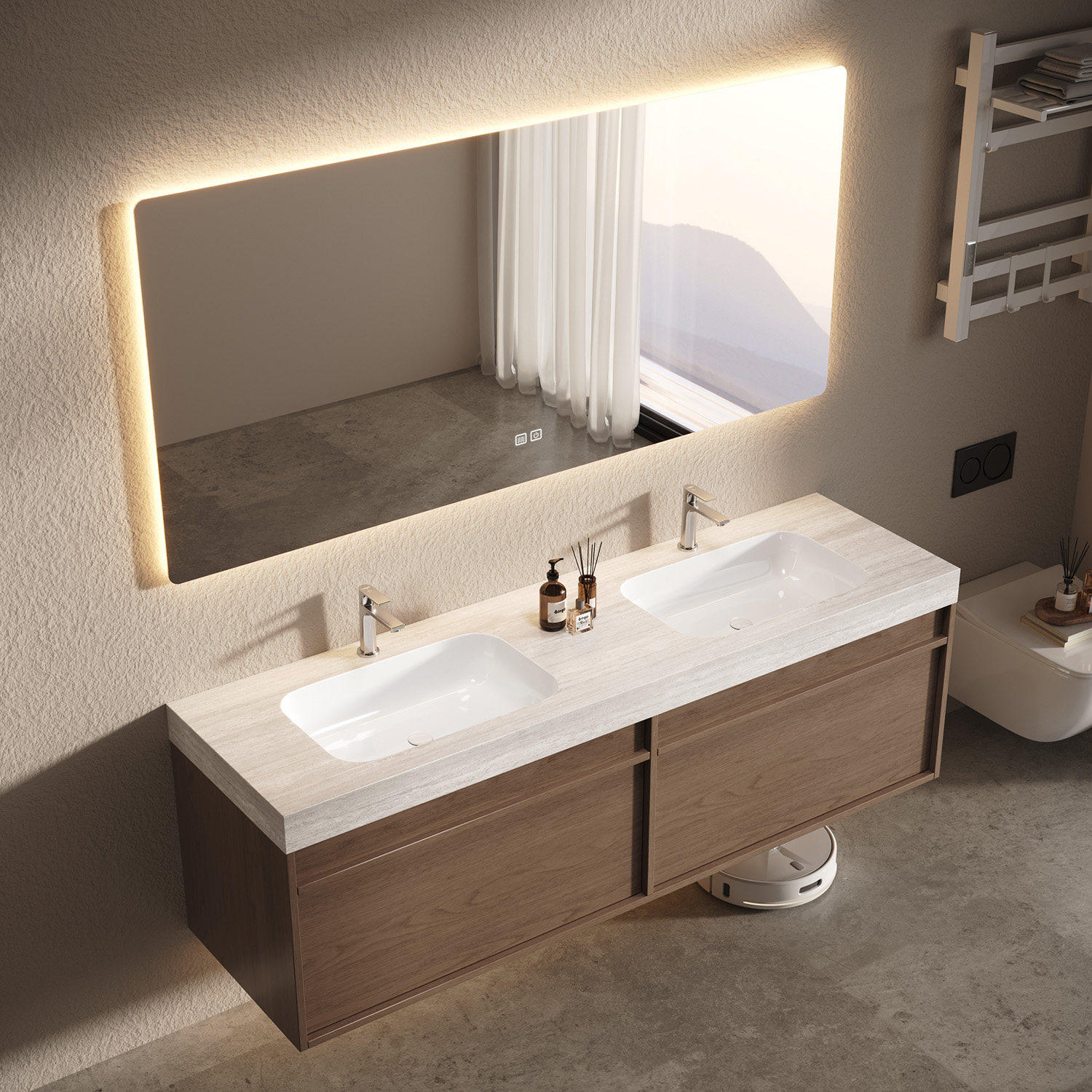 中古风浴室柜组合岩板无缝岩板一体盆简约卫生间洗漱台洗手洗脸盆