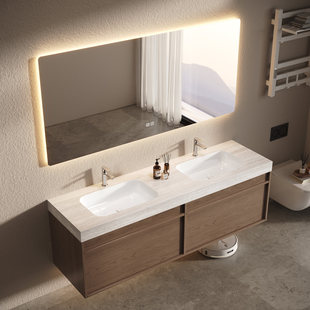 中古风浴室柜组合岩板无缝岩板一体盆简约卫生间洗漱台洗手洗脸盆