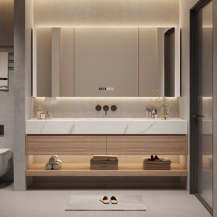 岩板陶瓷无缝热弯一体盆浴室柜卫生间洗漱台洗手脸日式镜柜置物架