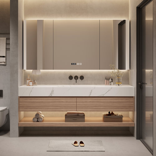 岩板陶瓷无缝热弯一体盆浴室柜卫生间洗漱台洗手脸日式镜柜置物架