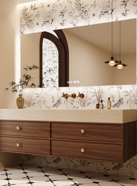 中古风洗手台一体台盆岩板无缝热弯陶瓷卫生间洗漱台洗脸盆浴室柜