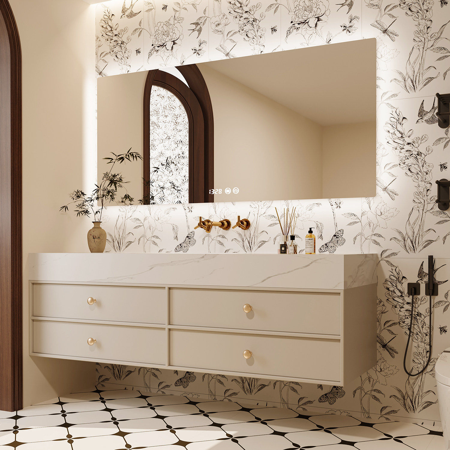 法式奶油风浴室柜岩板无缝陶瓷一体盆卫生间洗脸池面盆吊柜定制