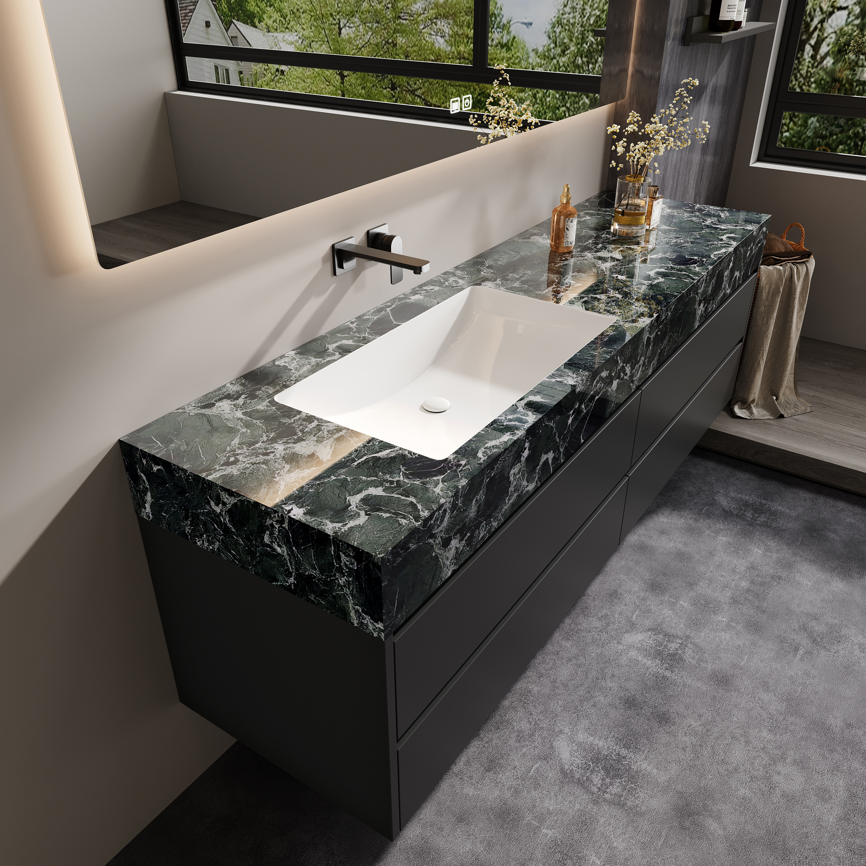 普拉达绿岩板陶瓷无缝一体双盆浴室柜轻奢卫生间洗漱台洗脸盆定制