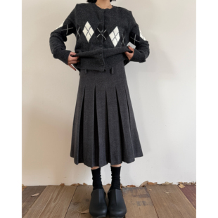 拖延症 / 毛呢半身裙 中长款百褶裙 高腰a字裙设计感裙子