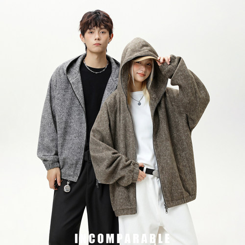 美式潮牌重磅马海毛连帽夹克情侣