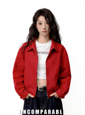 【iN】美式中性风红色哈灵顿夹克男女秋季基础百搭短款宽松外套潮