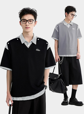 LB｜美式潮牌拼接条纹假两件短袖衬衫男女复古学院风宽松短袖T恤