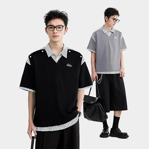 潮牌拼接条纹假两件短袖衬衫男女