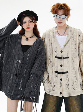 WYLB｜秋冬小众设计感慵懒风蜡染扭花宽松休闲情侣款针织开衫潮