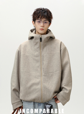 【iN】国潮牌重磅秋冬季美式开衫连帽卫衣男女纯色高领毛呢夹克男