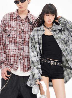 WYLB｜男女款秋冬美式街潮印脏撞色字母PU贴布星星格纹长袖衬衫