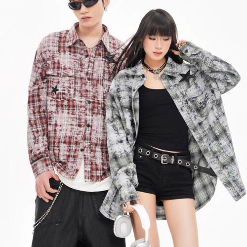 扎染长袖衬衫翻领潮牌