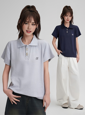 LB｜纯色polo领字母刺绣短袖针织衫T恤女夏季宽松休闲Polo衫上衣