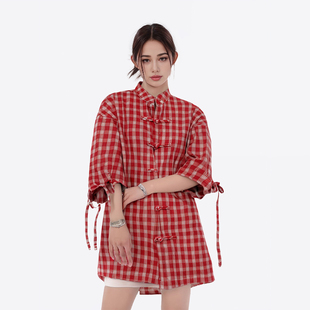 WYLB｜男女款新中式复古红色格子短袖衬衫设计感小众宽松衬衣潮