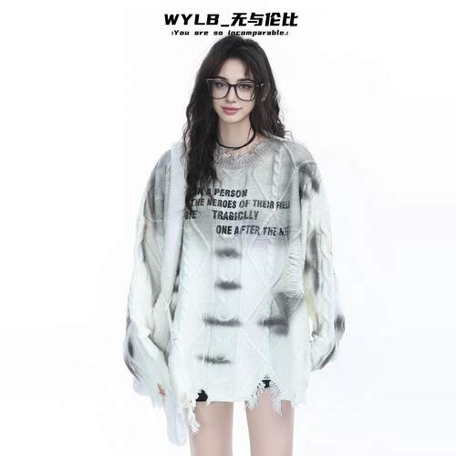 套头腈纶圆领喷画毛衣破坏感