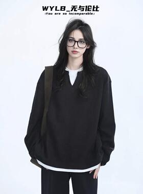 WYLB｜男女款假两件灰色华夫格圆领卫衣秋季美式宽松重磅长袖T恤