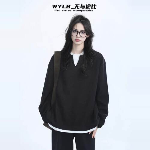 假两件长袖打底衫圆领潮牌青年