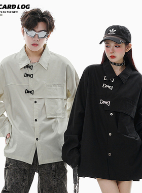 WYLB｜男女款国风错位单层飞边设计感长袖金属扣翻领潮衬衫外套