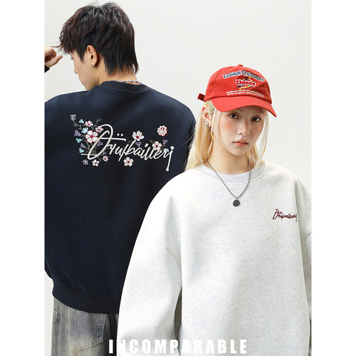 国潮牌重磅花卉刺绣卫衣情侣上衣