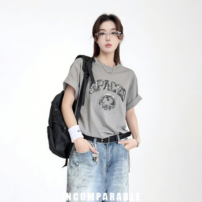 中性风美式潮牌亮片刺绣短袖T恤