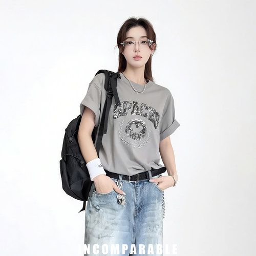 中性风美式潮牌亮片刺绣短袖T恤