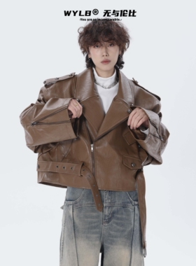 WYLB美式拉德棕咖色重工机车加厚皮衣外套短款男女春秋冬棉衣夹克