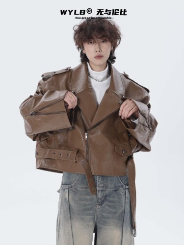 翻领秋冬宽松重工设计夹克真皮