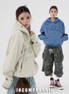 【iN】美式复古镂空刺绣宽松连帽卫衣男女潮牌设计感套头帽衫外套