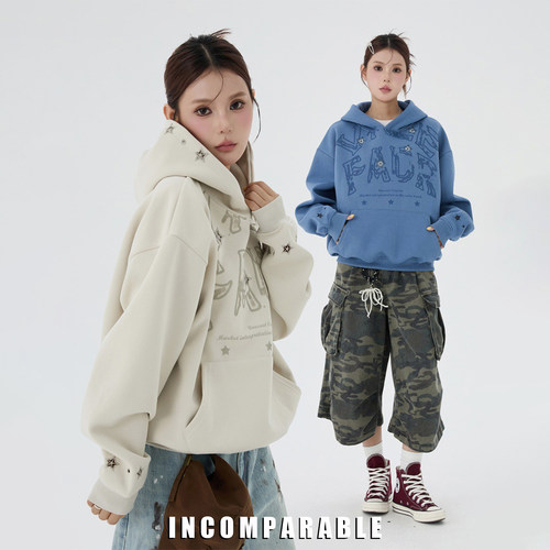 复古镂空刺绣宽松连帽卫衣情侣款