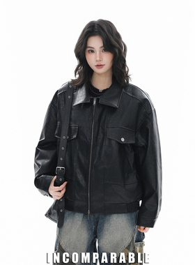 【iN】美式复古中性风机车PU皮衣外套男女秋冬季高级感宽松夹克潮