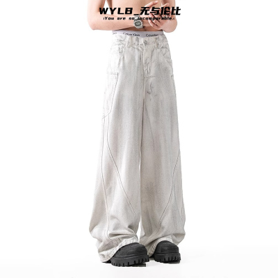 美式复古脏白色弯刀阔腿牛仔裤潮
