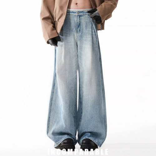 田栩宁同款压褶水洗阔腿牛仔裤男