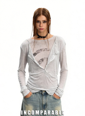 【明星同款】王橹杰同款假两件叠穿罩衫长袖T恤复古百搭打底上衣