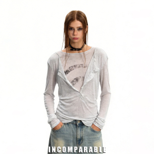 长袖 假两件叠穿罩衫 王橹杰同款 T恤复古百搭打底上衣 明星同款