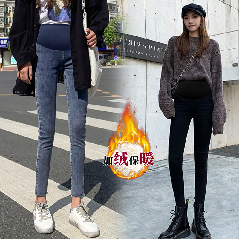 孕妇裤子女秋冬装羊羔绒牛仔裤冬季加绒加厚北极绒托腹裤铅笔裤潮