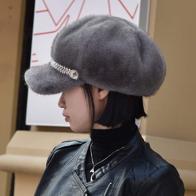 仿水貂毛鸭舌帽子女高档仿皮草毛手感丝滑柔顺带帽檐八角贝雷帽女