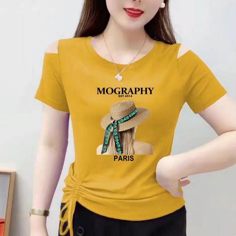 时尚新款女装大码夏短款t恤女短袖洋气修身显瘦露肩绑带体恤上衣