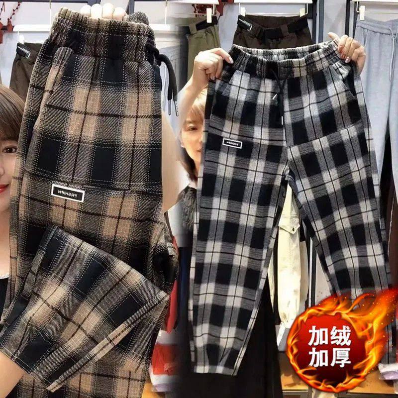 新款黑白格子加绒加厚哈伦裤女秋冬季松紧腰抽绳运动裤保暖束脚裤