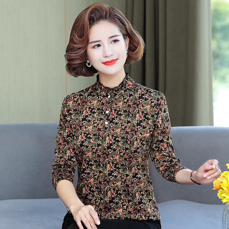 时尚妈妈春秋季小衫长袖女新款洋气碎花中老年长袖t恤打底衫上衣